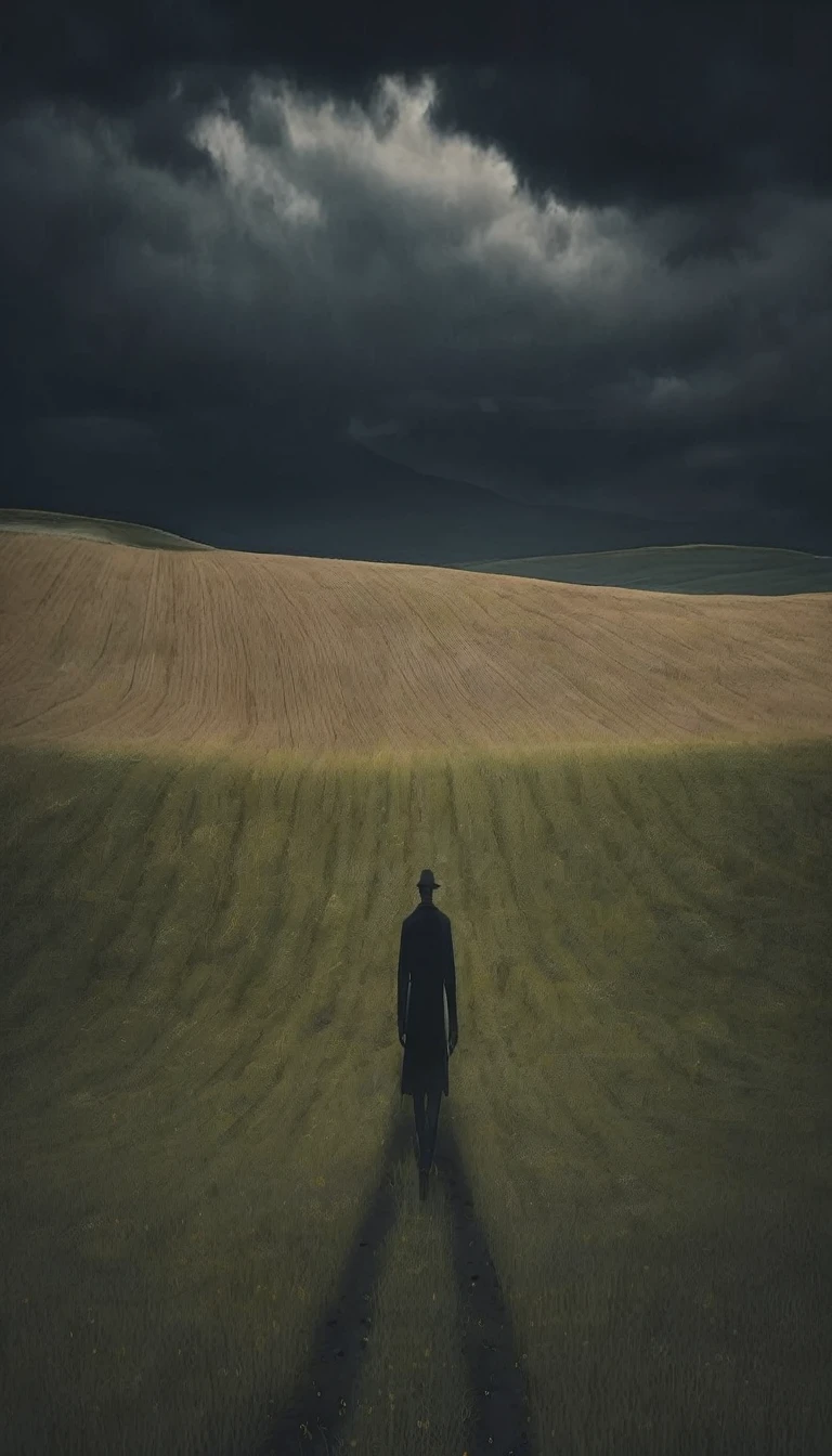 Mixed emotions in a vast field dark man walking alone with a flower in his hand