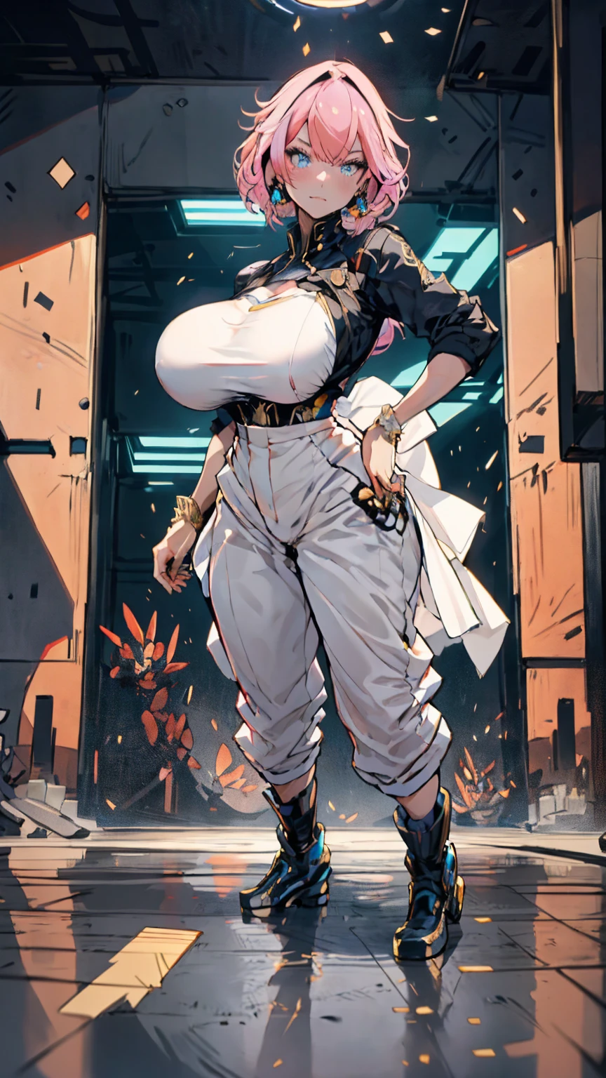 独奏, 1 confident woman with floor-length pink hair, huge and big breasts, Futuristic royal costume in white with black and gold details, tall woman, blue detailed eyes,  , judgmental look, golden metal skulls, sovereign pose, cyberpunk queen
