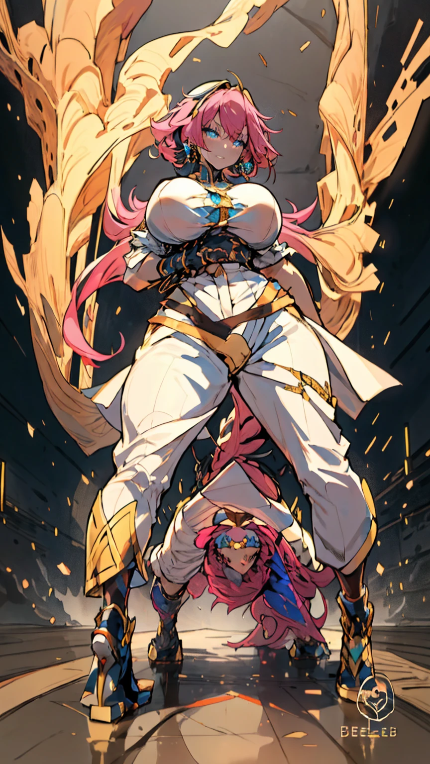 独奏, 1 confident woman with floor-length pink hair, huge and big breasts, Futuristic royal costume in white with black and gold details, tall woman, blue detailed eyes,  , judgmental look, golden metal skulls, sovereign pose, cyberpunk queen
