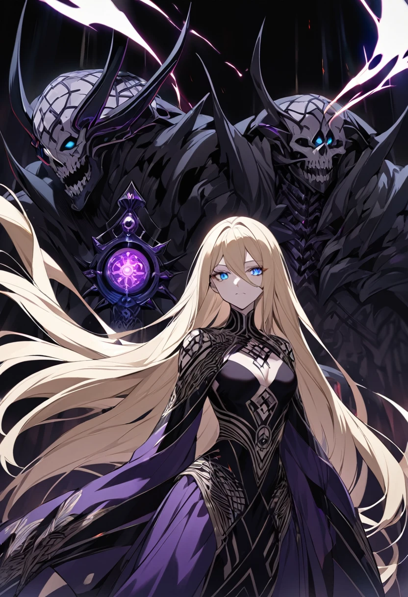 Thank you for the information. In that case, the Lord of Nightmare is in the anime bleach and have bright blue eyes that glow an intense red and have blond long hair . She would wear dark, flowing robes that have intricate designs and patterns that reflect her mastery of dark magic. The robes could be adorned with skulls, dark symbols, and other sinister motifs. She could also have a tattoo or scar on her shoulder or body that represents her connection to the dark arts. The Lord of Nightmare would be a formidable and intimidating opponent, with her powers of darkness and her connection to the multiverse.