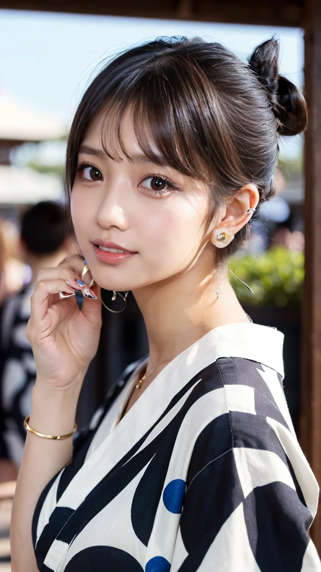 (masterpiece, Highest quality:1.3), smile、(Very detailed:1.2), (hyperRealistic:1.3), (RAW Photos:1.2),(smileで歩く:1.8)、High resolution raw color photos, Professional photos, (PhotoRealistic:1.4), (Realistic:1.4),(Small Nose:1.4)、Big eyes、(Summer festival:1.4)、Long eyelashes、Professional Lighting, Perfect Anatomy, (Very large breasts:1.2), (Detailed face), (Cute appearance:1.5), (Black hair bun:1.5), necklace, bracelet, (A beautiful woman in a yukata: 1.3)、(Multiple ear piercings:1.4)