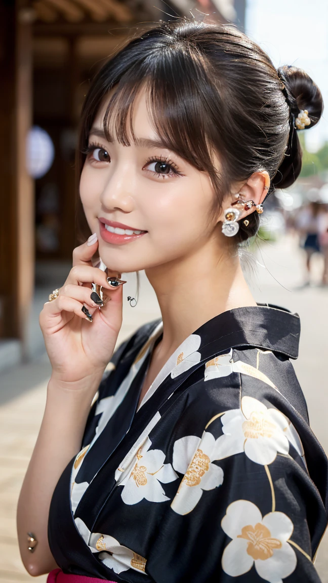 (masterpiece, Highest quality:1.3), smile、(Very detailed:1.2), (hyperRealistic:1.3), (RAW Photos:1.2),(smileで歩く:1.8)、High resolution raw color photos, Professional photos, (PhotoRealistic:1.4), (Realistic:1.4),(Small Nose:1.4)、Big eyes、(Summer festival:1.4)、Long eyelashes、Professional Lighting, Perfect Anatomy, (Very large breasts:1.2), (Detailed face), (Cute appearance:1.5), (Black hair bun:1.5), necklace, bracelet, (A beautiful woman in a yukata: 1.3)、(Multiple ear piercings:1.4)