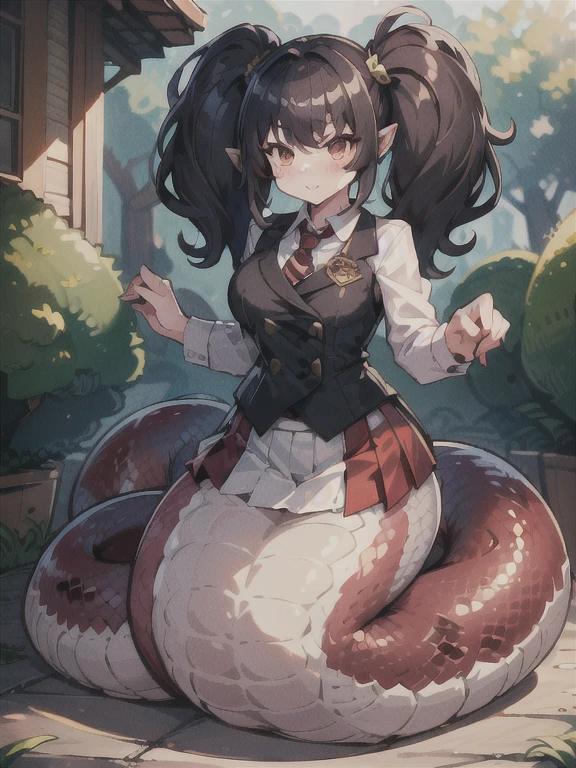 High detail、masterpiece、Perfect single tail、One girl, Lamia, scale, White shirt,Pleated Skirt、Ultra mini skirt、 whole body, Outdoor,mega twintails、Voluminous hairstyle、Red and black striped tail、monster Girl、Charm、Rattlesnake tail tip