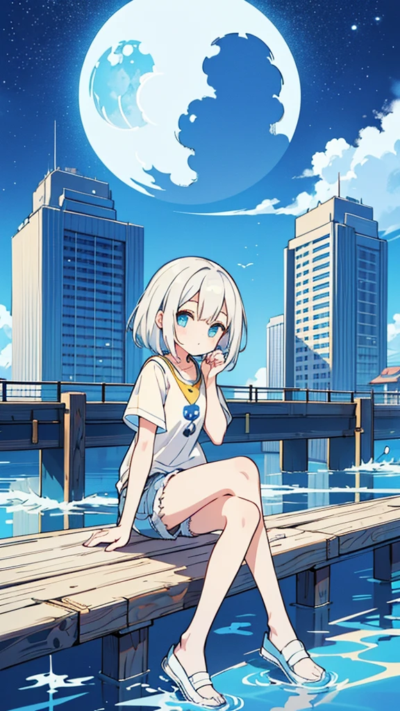 Design clothing，Seven-doppelganger shot，Anime style 4K,High quality anime art style，Standing painting，Splash ink background，Blue Themes、Pure white background,Buildings,Face close-up,Buildings,Moon and sun、Shining Star々,milky way,Bright Sky,Looking at me,Facing forward,Clear eyes and nose,cute,beautiful,Thin legs,sitting by the water, White hair, Blue eyes, girl, bob, front, whole body,Gray shorts,White and blue shoes,(((Anime style))),cute,Stylish Background,cool,Yellow, blue and white