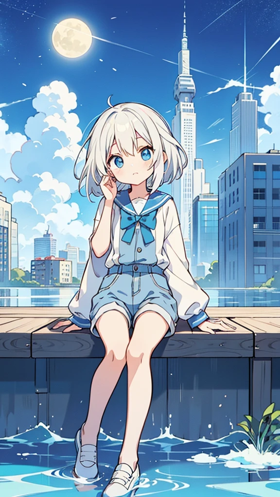 Design clothing，Seven-doppelganger shot，Anime style 4K,High quality anime art style，Standing painting，Splash ink background，Blue Themes、Pure white background,Buildings,Face close-up,Buildings,Moon and sun、Shining Star々,milky way,Bright Sky,Looking at me,Facing forward,Clear eyes and nose,cute,beautiful,Thin legs,sitting by the water, White hair, Blue eyes, girl, bob, front, whole body,Gray shorts,White and blue shoes,(((Anime style))),cute,Stylish Background,cool,Yellow, blue and white