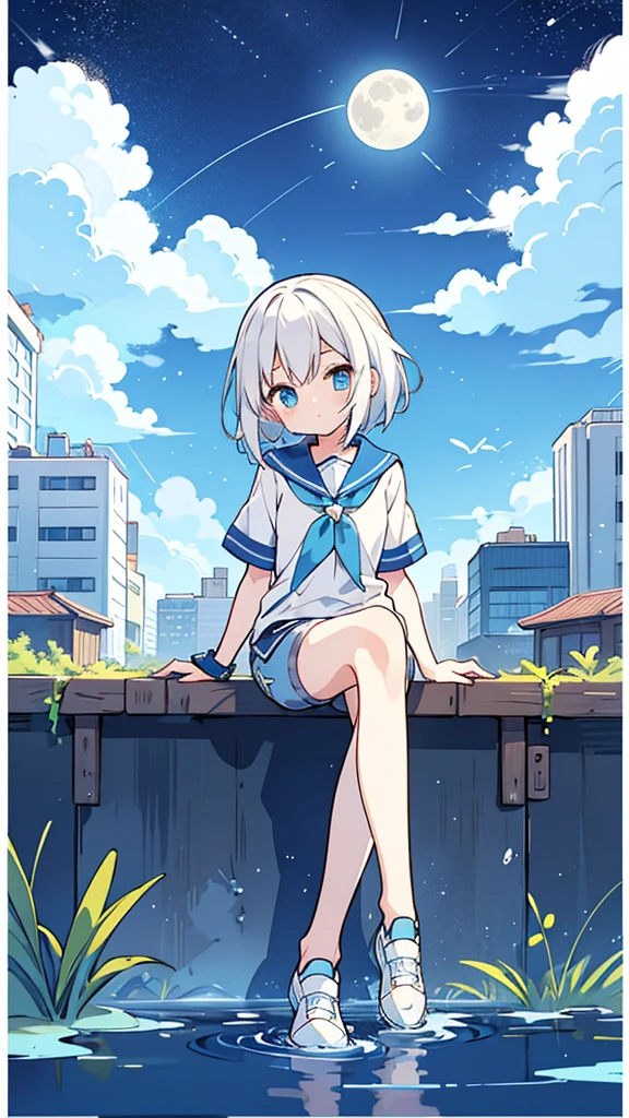 Design clothing,Seven-doppelganger shot,Anime style 4K,High quality anime art style,Standing painting,Splash ink background,Blue Themes、Pure white background,Buildings,Face close-up,Buildings,Moon and sun、Shining Star々,milky way,Bright Sky,Looking at me,Facing forward,Clear eyes and nose,cute,beautiful,Thin legs,sitting by the water, White hair, Blue eyes, girl, bob, front, whole body,Gray shorts,White and blue shoes,(((Anime style))),cute,Stylish Background,cool,Yellow, blue and white
