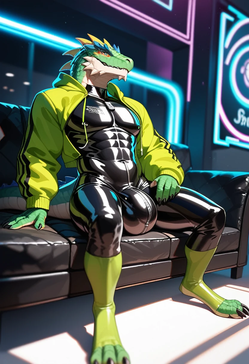 Highest quality, Highest quality, High quality illustrations, masterpiece, Ultra-high resolution, Detailed Background, room, Absurd, Perfect Anatomy, performance, Good lighting, Shadows in the movies(kemono, Furry Personifi猫ion), Lizardman, Rubber Suit, latex, neon, neonライト, neonカラー, Bodysuits, Cyber Suit, cyber punk, Green Rubber Hoodie, Sit on the sofa, Earrings, Tattoo, Huge bulge, Dynamic Angle