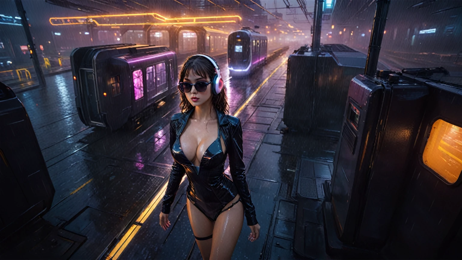 (((aerial view))), Blade Runner style futuristic railway platform, hi-tech train, neon lights, rainy night. (1girl, solo, alone), large-breast:1.2 slim body, cleavage:1.1, sexy wind blowing wet dress:1.4, headphone, (micro:0.8 black sunglasses), (((she raised a pistol:1.8 and shot:1.8 the viewer))), dynamic pose, (((half-body thigh level medium shot))), cinematic lighting, lens flare, ray tracing, zoom-in blurred:1.4 background.