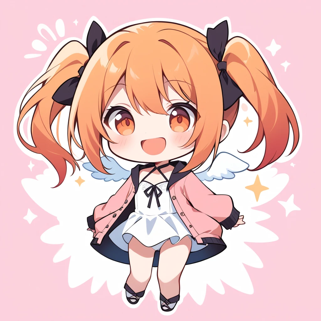 orange hair, orange eyes,girl,Pigtails with the ends tied up,laugh, Chibi, little witch, 1 woman,halterneck,White dress,pink cardigan,panties,Angel Wings