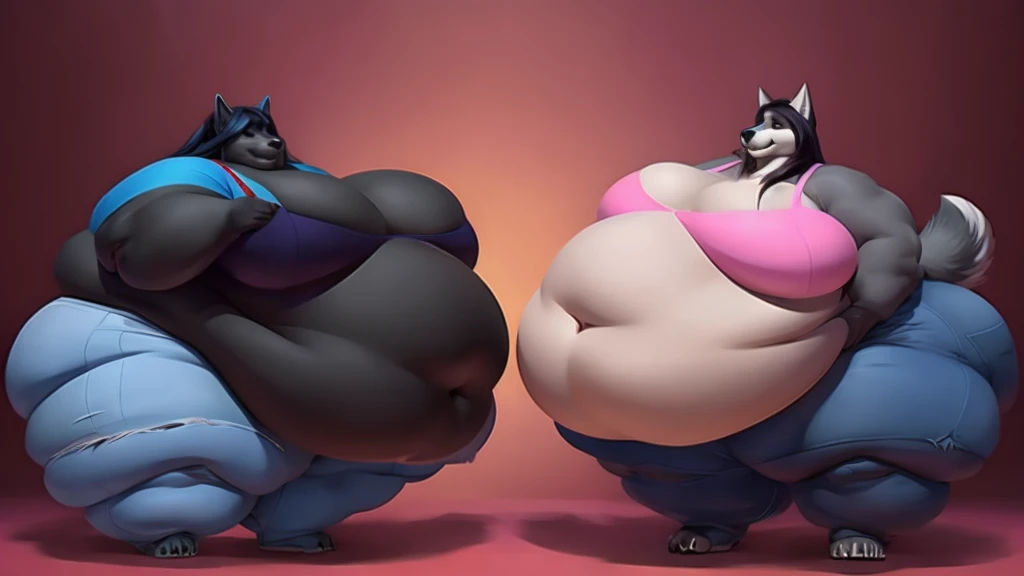 A gorgeous extremely morbidly obese female wolf , long hair , huge belly , huge breasts, huge body,huge thighs , double chin, chubby cheeks duo