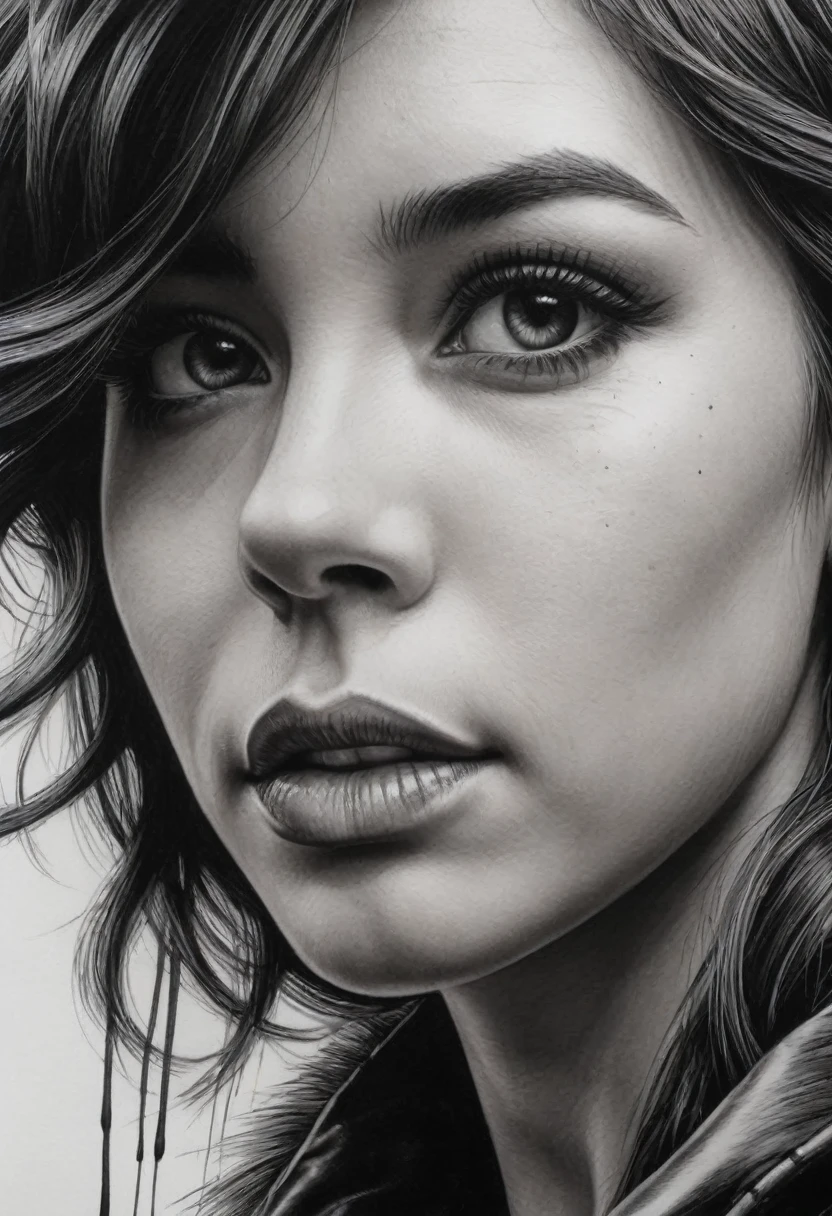 1girl, Black and white ink drawing, Hyperrealistic, splash art, concept art, mid shot, intricately detailed, dramatic, 2/3 face angle