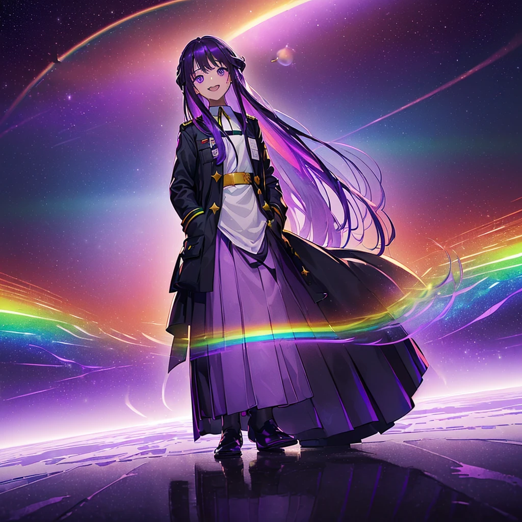 (((((1 person、uniform　smile、Open your mouth)))))　((((Long Hair、Rainbow colors　Purple Eyes、shine　Long skirt、Infinite space　Put your hands in your pockets))))　(((End of the Galaxy　Black Hole、Distorted Space-Time　Rolling jewel)))　((Outer space background、shine))