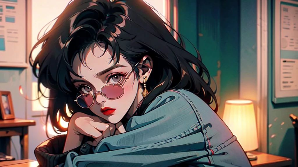 One beautiful woman、cool、Wearing sunglasses、Squatting on a street corner in the city、Spy movie style、Emotional