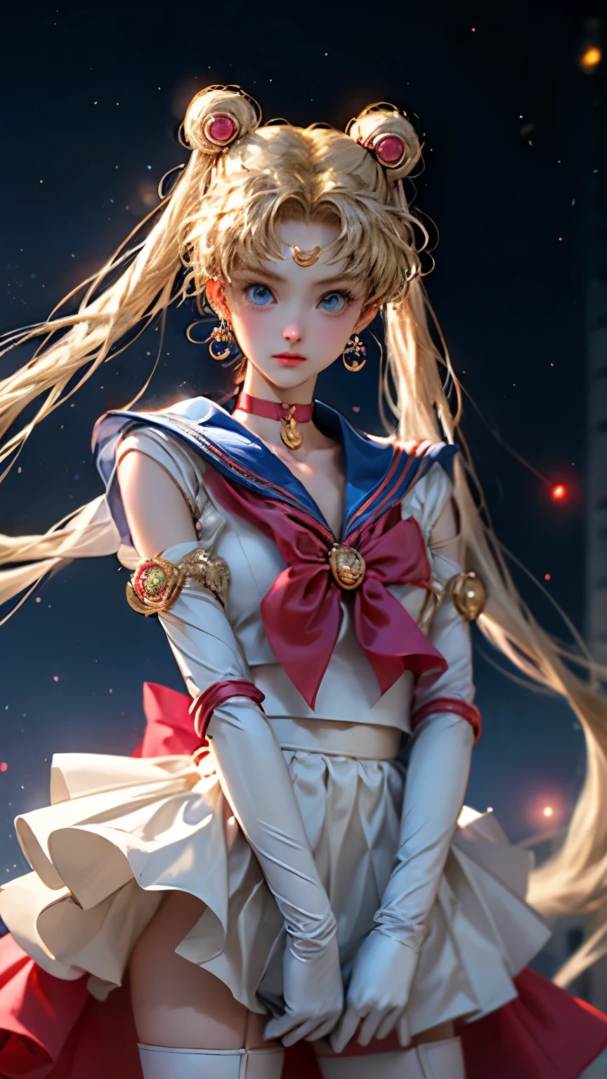 masterpiece、high quality、High resolution、Realistic、professional lighting、Japanese、woman、young、White skin、slender、Sailor Moon, Usagi Tsukino, Sailor Warrior Uniforms, Red choker,Blue Collar, Red ribbon on chest, White gloves, Red ribbon at waist, Very short skirt, Blue Skirt, Red knee boots, Crescent Earrings, Long Hair, Twin tails, Twin Chinese bun, (((Blonde))), Big eyes, Blue pupils, cute, So cute, beautiful, wonderful, gem, Night Sky, Starry Sky, Perfect Face, Perfect Skin, Crescent moon on her forehead, Skirt up, Showing her ass