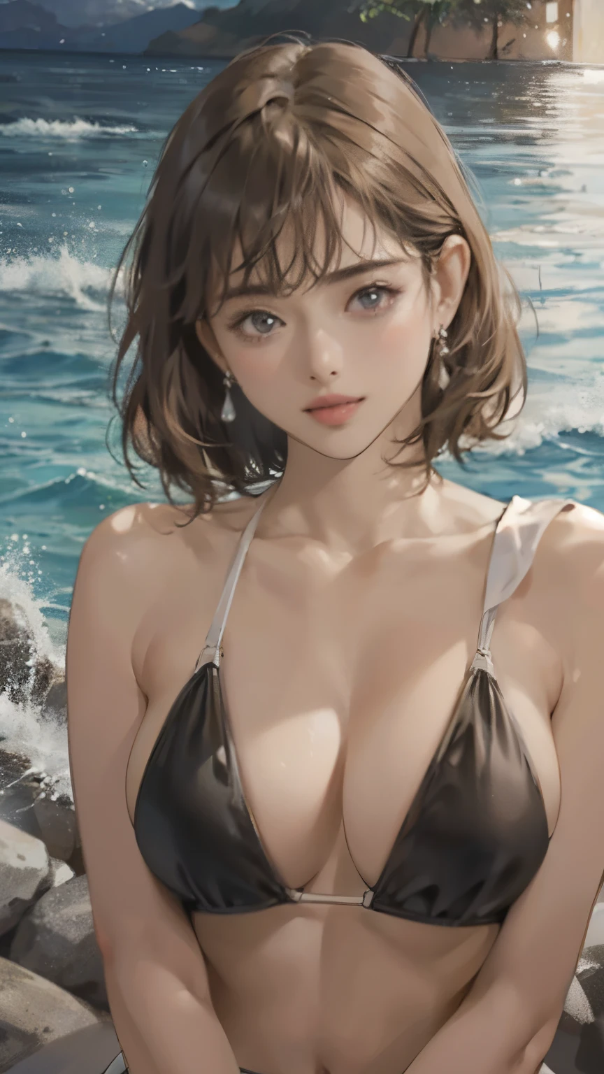 (Realistic:1.5, 16K, Highest quality, masterpiece, Ultra-high resolution), Perfect dynamic composition:1.2, ((Hawaii Beaches)), (Expressions of sadness:0.9), (Squat with your knees bent:0.9), Highly detailed skin and facial textures, Incredibly slim body, Fair skin:1.2, Sexy beauty, Very beautiful face:1.2, Water droplets on the skin, (short hair), (Neat bangs:1.5), (Shapely large breasts, Chest gap), ((Black Bikini)), ((Both arms behind the head)), (Big eyes that exude beautiful eroticism:0.8, Lips that exude beautiful eroticism:0.8), necklace, Earrings, bracelet, wedding ring,