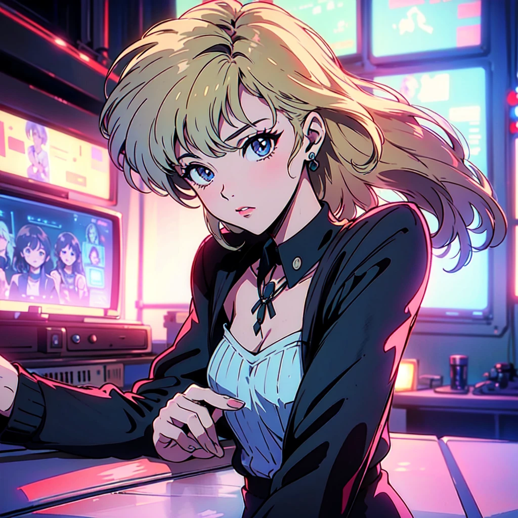 A city pop poster with a retro 80s feel、Imagine the album cover。With the highest quality anime illustrations、There is one blonde girl with short hair.。Her eyes shine blue、Dressed in rapper style clothing、He has a blue rose tattoo on his neck.、I'm wearing headphones。
The image is in a dynamic pose.、Drawn from a novel angle。Created in high definition like 4K、Creates the feeling of being in a dark room。The room was lit by blue lights.、It has a fantastic atmosphere。The room is a small space like a 1K.、The window offers a view of downtown Shinjuku.。
This work depicts a night city enveloped in neon lights.、This will be a record that allows you to fully enjoy the charm of city pop.。