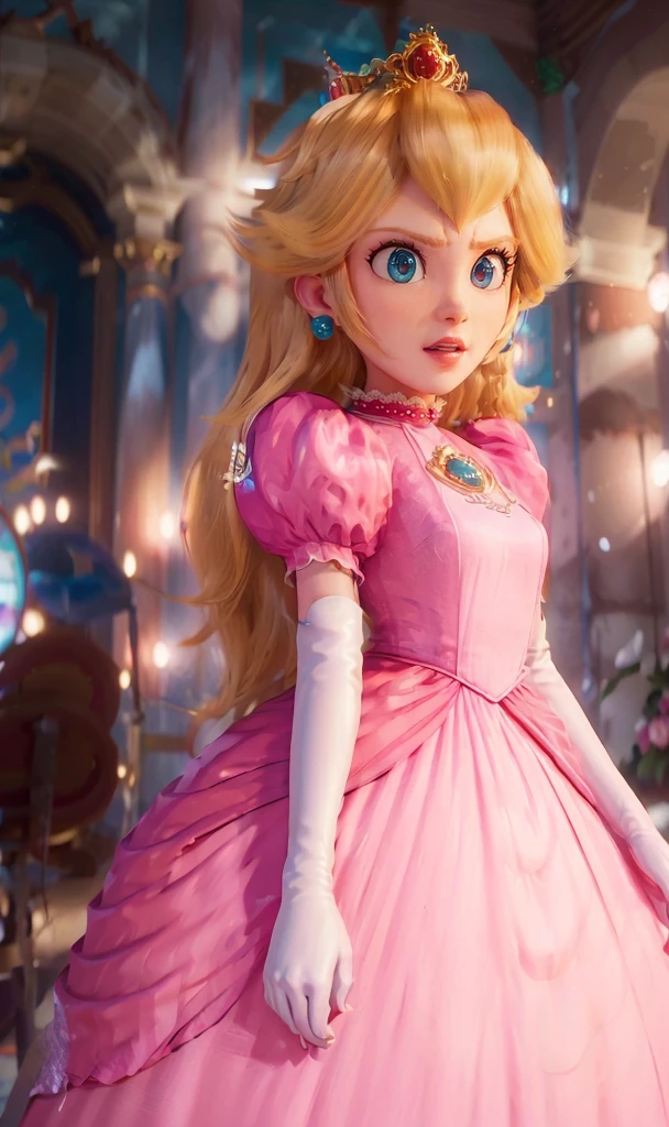absurdres, 1girl,medium breast, star eye, (princess peach), blush, (realistic:1.5), (blue eyes:0.8), (masterpiece, Extremely detailed CG unity 8k wallpaper, best quality, highres:1.2), (ultra_detailed, UHD:1.2), (pixiv:1.3), perfect illumination, distinct, (1girl:1.4), (bishoujo:1.2), looking at viewer, unreal engine, sidelighting, perfect face, detailed face, bangs, perfect body, beautiful eyes, pretty face, (bright skin:1.4), idol, ulzzang-6500-v1.1, castle,