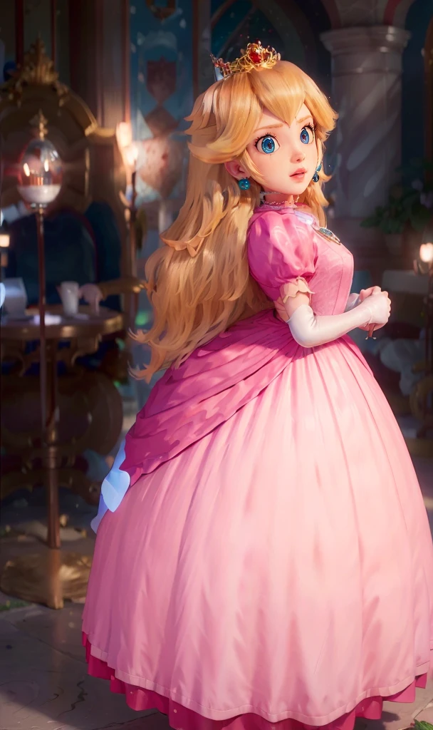 absurdres, 1girl,medium breast, star eye, (princess peach), blush, (realistic:1.5), (blue eyes:0.8), (masterpiece, Extremely detailed CG unity 8k wallpaper, best quality, highres:1.2), (ultra_detailed, UHD:1.2), (pixiv:1.3), perfect illumination, distinct, (1girl:1.4), (bishoujo:1.2), looking at viewer, unreal engine, sidelighting, perfect face, detailed face, bangs, perfect body, beautiful eyes, pretty face, (bright skin:1.4), idol, ulzzang-6500-v1.1, castle,