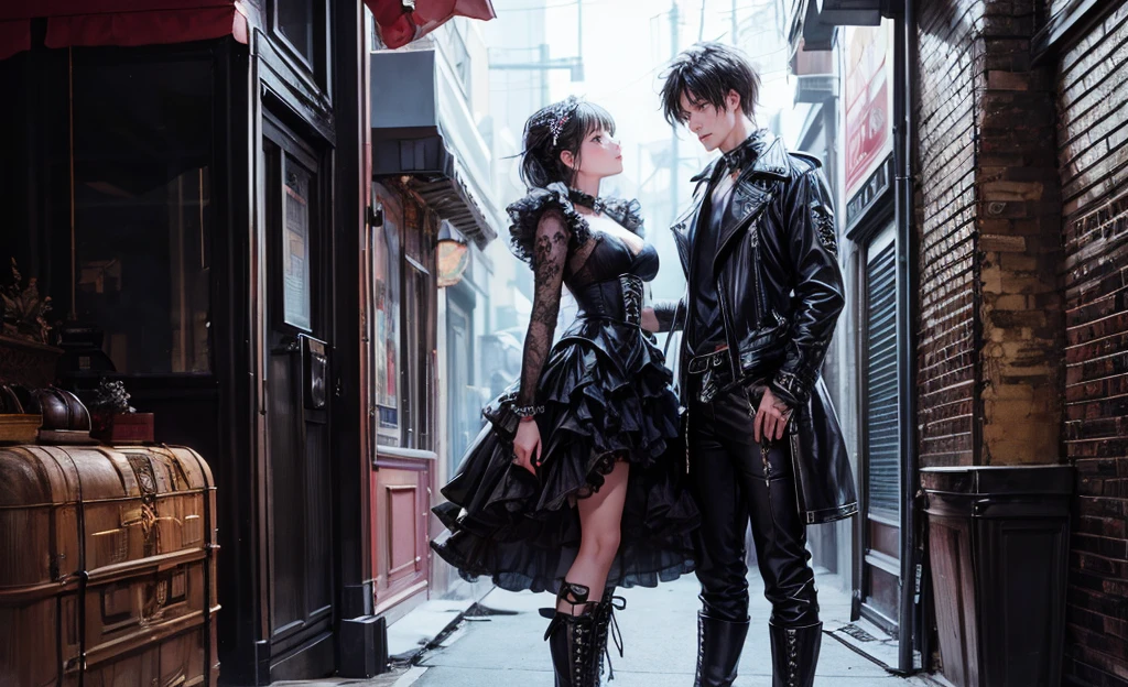 Vector, best quality, 8k, high resolution, high quality, romantic couple, lovers , Gothic mansion, beautiful girl wearing punk goth dress and boots and handsome guy in punk goth clothes, romance