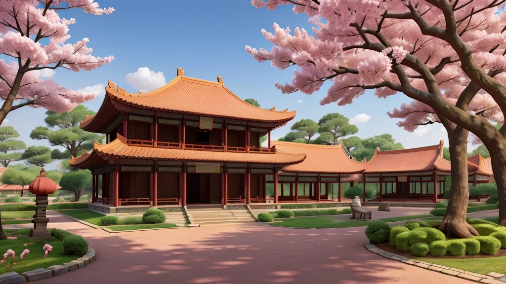 just a Chinese house in the center of the image, to the sides a pink Chinese tree full of leaves, one on each side of the image, 4k, realistic 