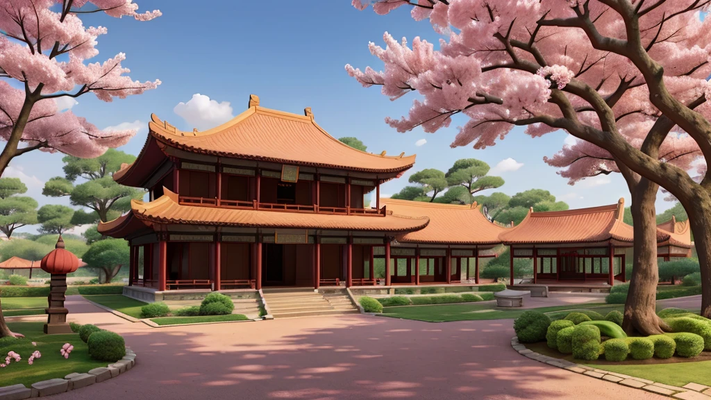 just a Chinese house in the center of the image, to the sides a pink Chinese tree full of leaves, one on each side of the image, 4k, realistic
