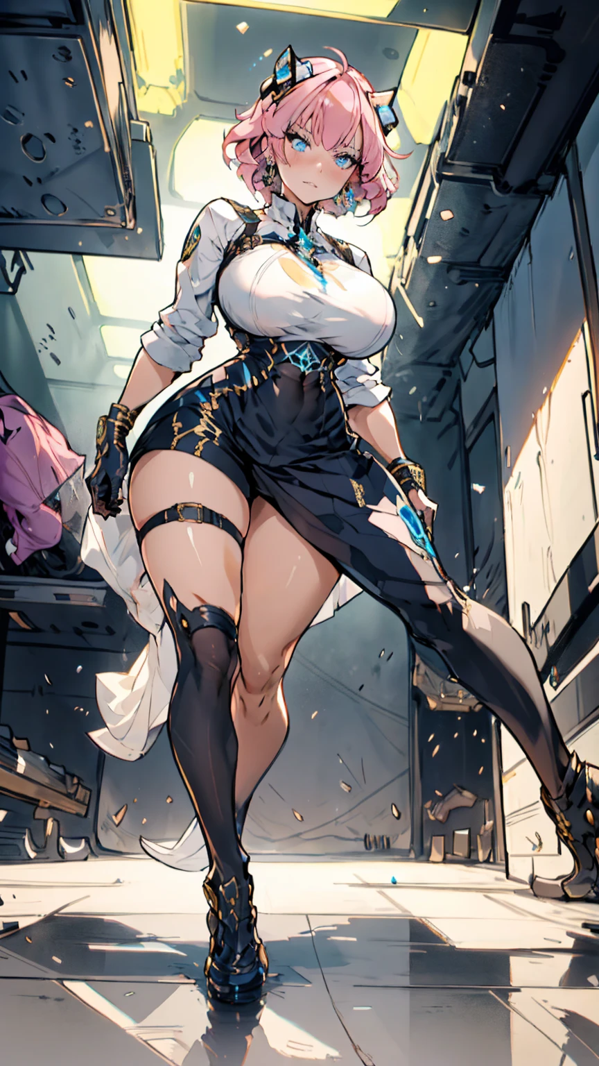 1 confident woman with floor-length pink hair, huge and big breasts, Futuristic royal costume in white with black and gold details, tall woman, blue detailed eyes,  , judgmental look, golden metal skulls, sovereign pose, cyberpunk queen, solo girl, 35 year old
