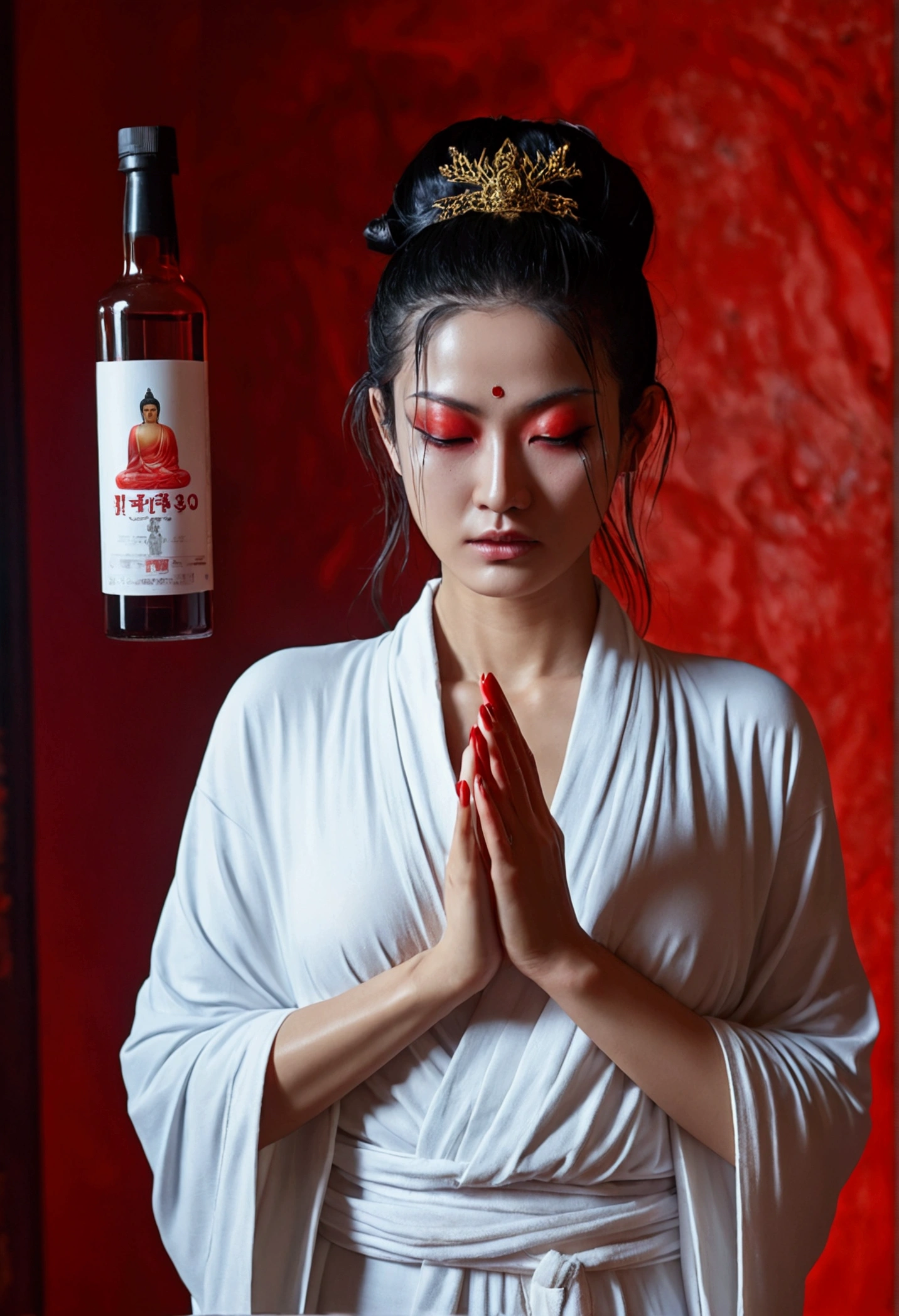 Blood red room, Flashing white TV screen, BUDDHA STATUE, cabelos preto e longos, with hair dishevelled, Cover one eye and face, Bright red eyes, Wearing a white transparent robe, Looming full breasts,liquor,Devil， reaching out her hands，Straighten your body, Red nails are exposed, Pinch the camera, hyper HD, Anatomically correct, Textured skin, Super detail, High details, High quality, A high resolution, 8K, hyper HD, Anatomically correct, Textured skin, Super detail, High details, High quality, Best quality, 8K,Leishnampo,Room 2,Horror