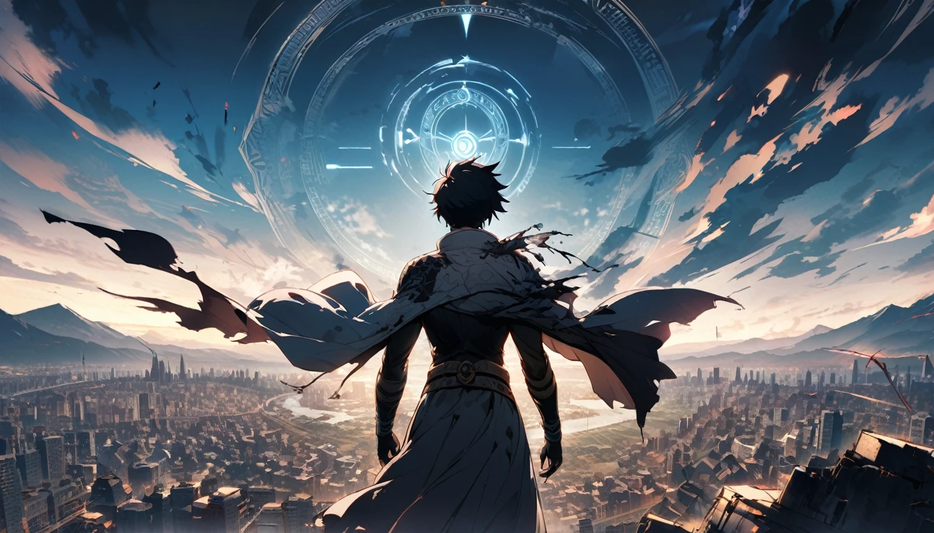 A pale magic circle floating in the air, ,The hero who stopped the world from being destroyed, The back of the character, City as background