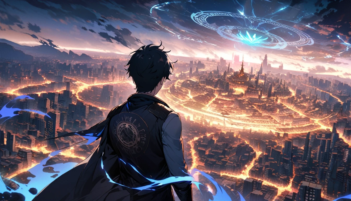 A pale magic circle floating in the air, ,The hero who stopped the world from being destroyed, The back of the character, City as background
