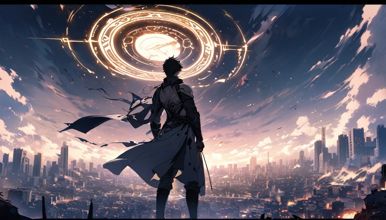 A pale magic circle floating in the air, ,The hero who stopped the world from being destroyed, The back of the character, City as background
