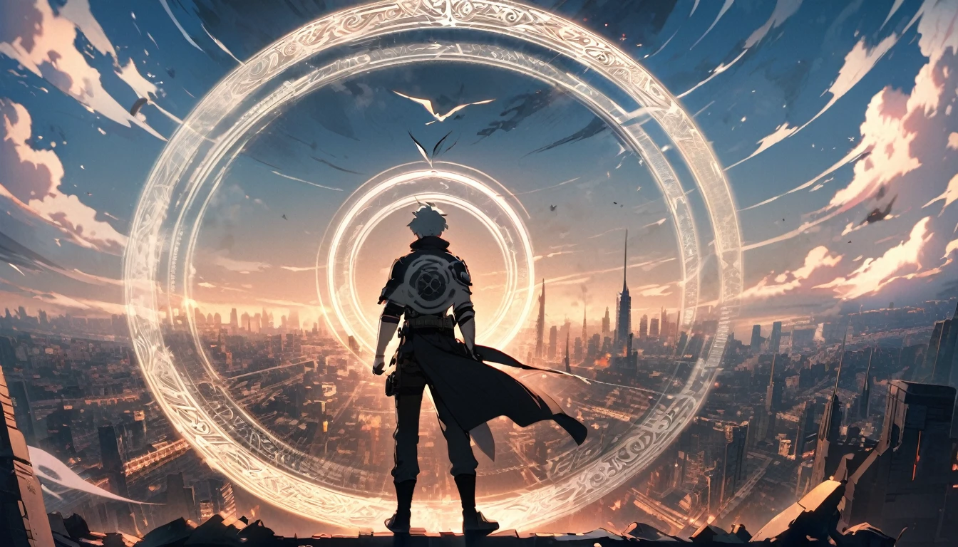 A pale magic circle floating in the air, ,The hero who stopped the world from being destroyed, The back of the character, City as background