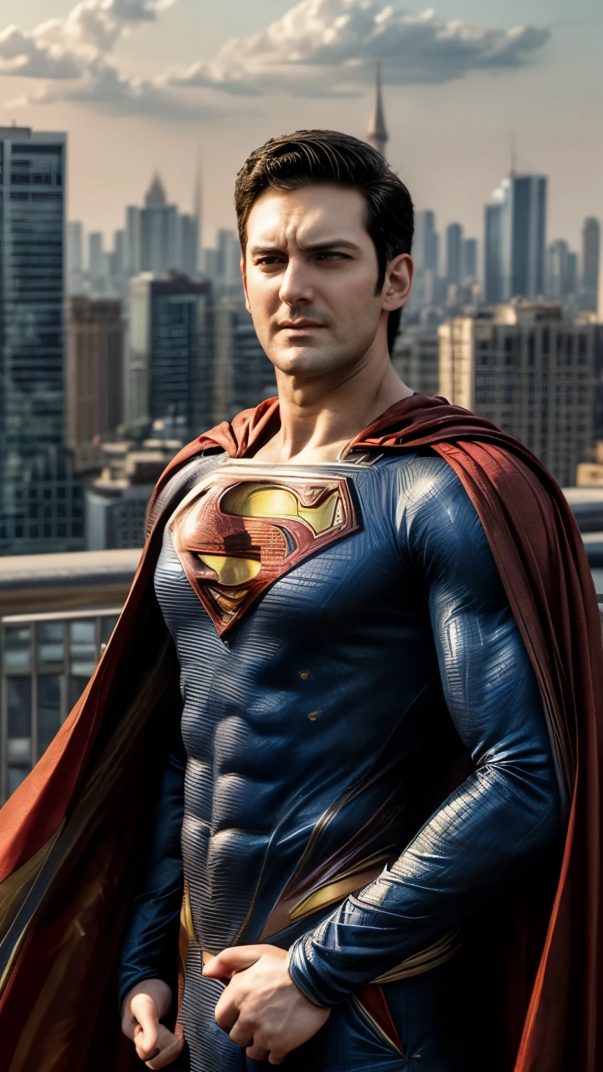(Highest quality, Ultra HD, 16k, Masterpiece) Mahesh Babu, as Superman, stands resolutely atop a gleaming skyscraper in Metropolis, his powerful figure bathed in the warm morning light. The scene is a close-up shot, capturing the heroic determination in his eyes and the iconic details of his Superman suit. Mahesh Babu's chiseled features and confident expression are clearly visible as he gazes out over the bustling city. His eyes reflect a mixture of resolve and hope, embodying the strength and compassion of Superman. He is dressed in the classic Superman suit, a vibrant blue with the iconic red and yellow "S" shield emblazoned on his chest. The suit is form-fitting and streamlined, highlighting his muscular physique. The red cape drapes elegantly from his shoulders, catching the morning breeze and adding to his majestic presence. In the background, the sprawling, futuristic expanse of Metropolis stretches out beneath him. The city's skyline is a blend of modern skyscrapers and advanced architecture, bathed in the golden hues of the rising sun. The streets below are alive with activity, the people of Metropolis going about their day, unaware of their guardian above. The morning sky is clear, with the sun casting a warm, golden light that illuminates Superman's figure. The interplay of light and shadow emphasizes the textures of his suit and the contours of his face, highlighting his determined expression and the hope he brings to the city. The overall scene captures the essence of Superman’s vigilant watch over Metropolis, with Mahesh Babu's powerful portrayal bringing a unique blend of strength, nobility, and charisma to the iconic role. This composition portrays a world where hope and heroism shine brightly, with Superman standing as the unwavering protector of the city. (((indian Mahesh Babu)))