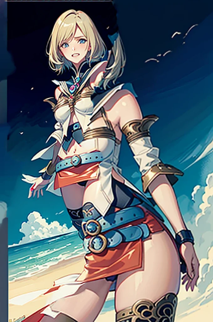 (masutepiece, of the highest quality, Best Quality, Official art, Beautiful and aesthetic:1.2), ighly detailed, Colorful,highest details,Illustrations, fantastical scenes, 1girl in, Solo, (Final Fantasy 12,Ashelia, shorth hair, Ashelia Costume, a miniskirt, thighs thighs thighs thighs, knee sox,jewely, Blue belt,Number on one of the belts), is standing, gritted teeth, Heavy breathing, move chart,Medieval fantasy