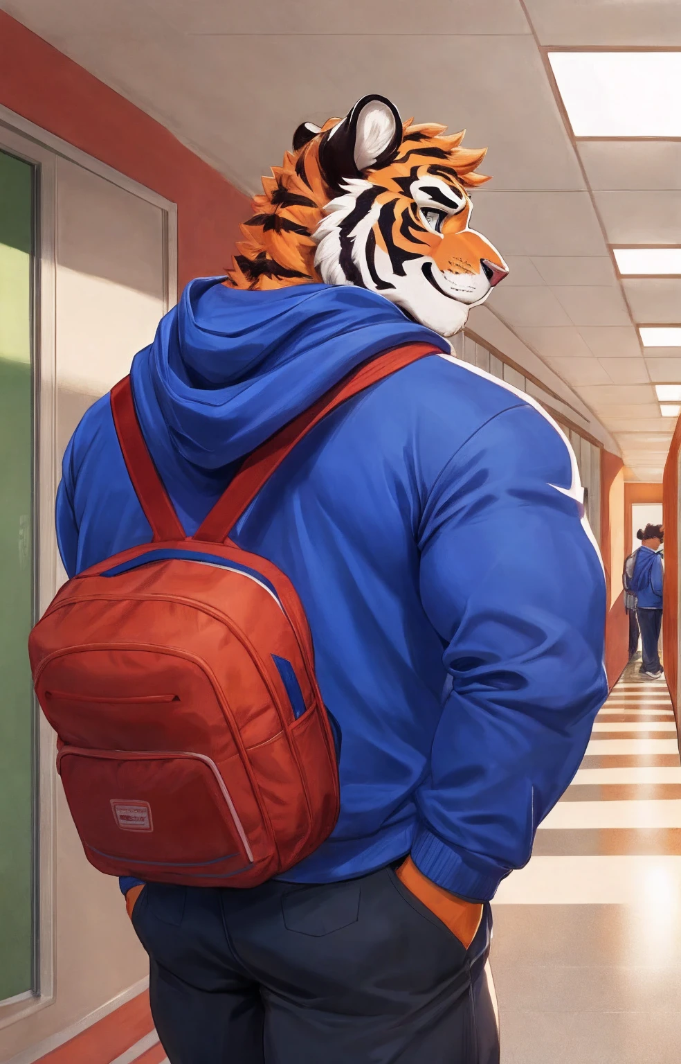 Furry tiger male, wearing hoodie in school. Shiny furry, muscular body, shy smile, wearing backpack. School corridor. 21 years old. Huge body, orange furr