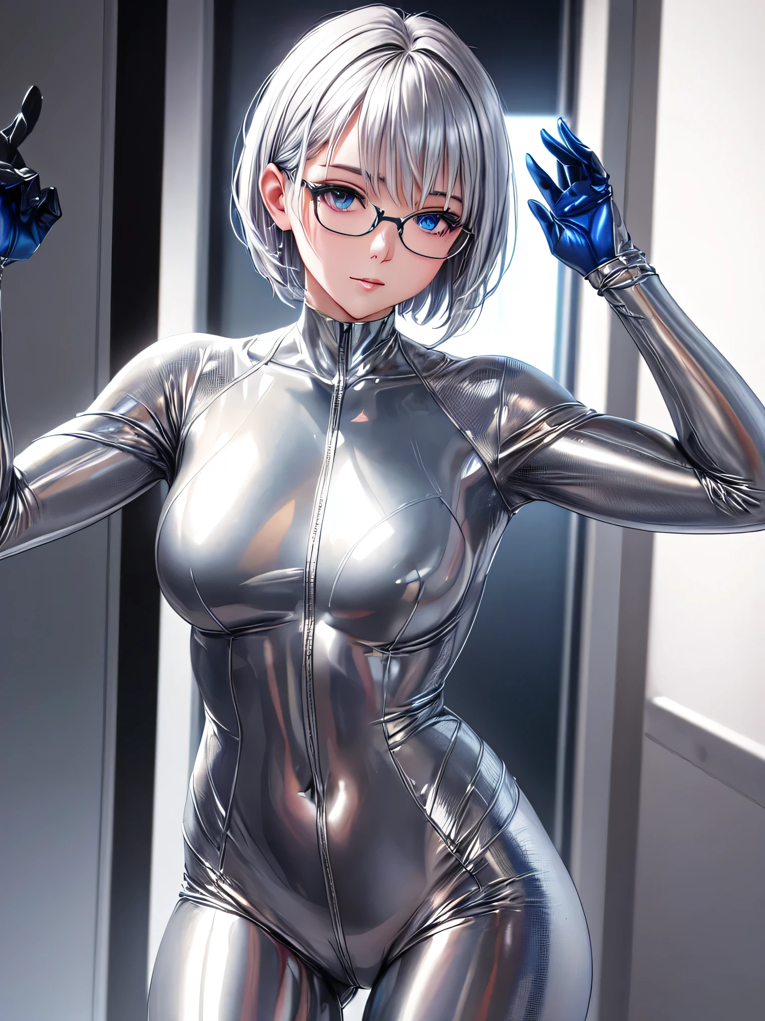 Highest quality 8K UHD、Mastepiece、Close-up、short hair、Blue Eyes、Open legs、Silver Hair、Glasses、A beautiful woman wearing a sleek silver metallic suit、Full body silver metallic rubber suit