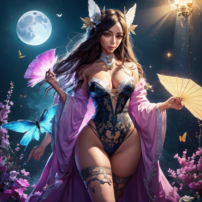 （（（tmasterpiece）））， （（（best qualtiy）））， （（ultra - detailed））， （highly detailed CGillustration）， （（Extremely refined and beautiful）），（1girll），（A face：1.5）， Movie light， Create stunning fantasy artwork，Imitate the style of the current masters。The work should contain elements of mythological fantasy and fairy tale fantasy，And with colorful accents。The character in the work is a delicate but strong character，Has an aura of mystery and magic。Pay close attention to intricate facial features，For example, Bright eye color，The color palette is exquisite。The character's costume should be designed with tulle feathers、silkouette、Stunning embroidery and subtle rainbow details。Combine bright colors、Dynamic lighting and detailed background elements，Create a sense of awe and immersion。These include colorful flying magic birds and jewel-colored butterflies that emit a magical halo。Consider the latest trends in fantasy art，such as incorporating unique lighting effects，Explore dynamic and eye-catching compositional techniques，As well as experimenting with unique color palettes。Take inspiration from top artists on ArtStation and Midjourney。cameras：Select an angle，Highlight the beauty of the characters，Enhance the magical majesty of the artwork。illuminating：Utilize atmospheric lighting technology to create depth and atmosphere。Resolution：Aim for high-resolution artwork，to showcase intricate detail and clarity。Artistic inspiration：Get inspiration from popular artists on ArtStation，Explore different styles，Genres and themes。
Fullbody, stockings, highheels, lingerie (moon goddess:1.2) (kim Kardashian)