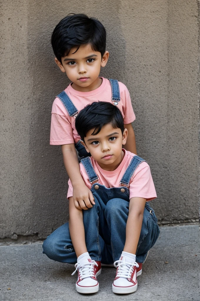 A five year old boy. Wearing a denim dungaree on top of a red and white t shirt. He has thick, black, short straight hair. His hair is side parted. His two front teeth are fallen. His face is a bit long. He has distinct pink pouty lips. And black eyes with lovely black eyelashes. He is wearing red coloured sneaker shoes. He dresses very tidily. He is with Dinosaurs 