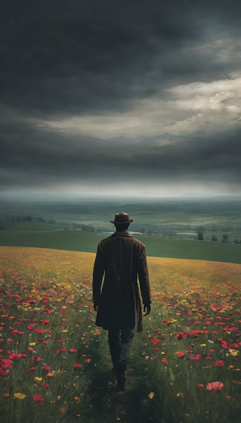 Mixed emotions in a vast field dark man walking alone with a flower in his hand 