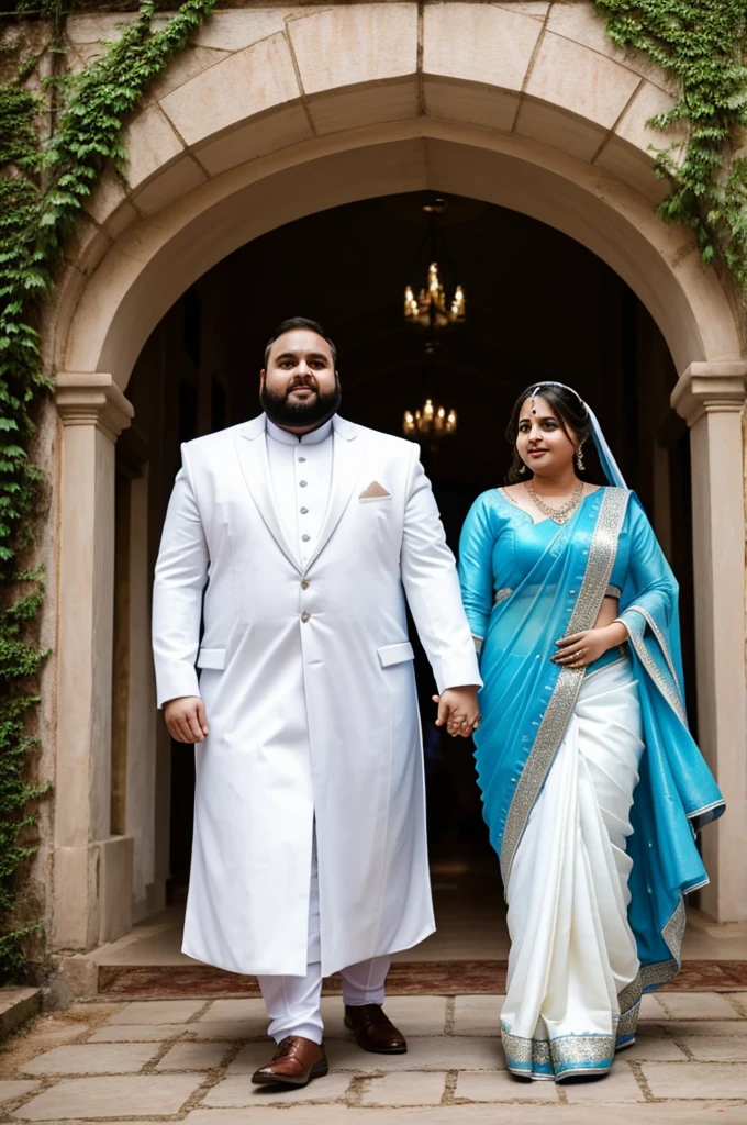 A wedding photo of a normal fat girl in a white saree and a normal fat man in a blue coat facing the front. Both are the same height