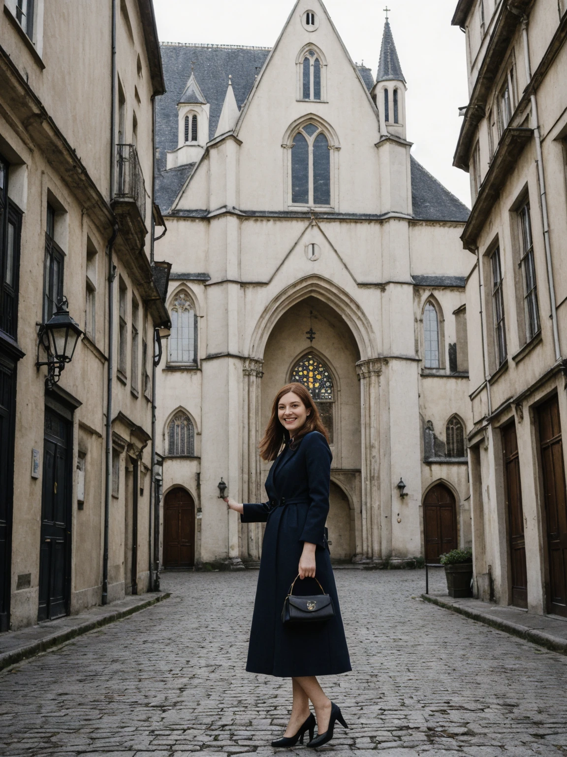 her name is Amelie, high quality, 1girl, ((25-year-old fit Caucasian woman)), ((25 years old)), ((BODY TYPE: HOURGLASS)), ((auburn straight hair)), smiling, pose: standing, wearing SOPHISTICATED courant Generation-Z modern wear bright colored, BACKGROUND:  "Exploring the historic Sablon district at night, with its elegant buildings, antique shops, and beautiful church illuminated."