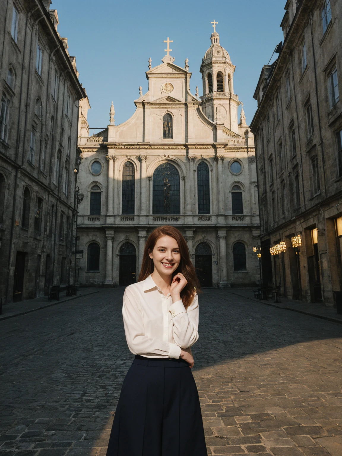 her name is Amelie, high quality, 1girl, ((25-year-old fit Caucasian woman)), ((25 years old)), ((BODY TYPE: HOURGLASS)), ((auburn straight hair)), smiling, pose: standing, wearing SOPHISTICATED courant Generation-Z modern wear bright colored, BACKGROUND: "Exploring the historic Sablon district at night, with its elegant buildings, antique shops, and beautiful church illuminated."