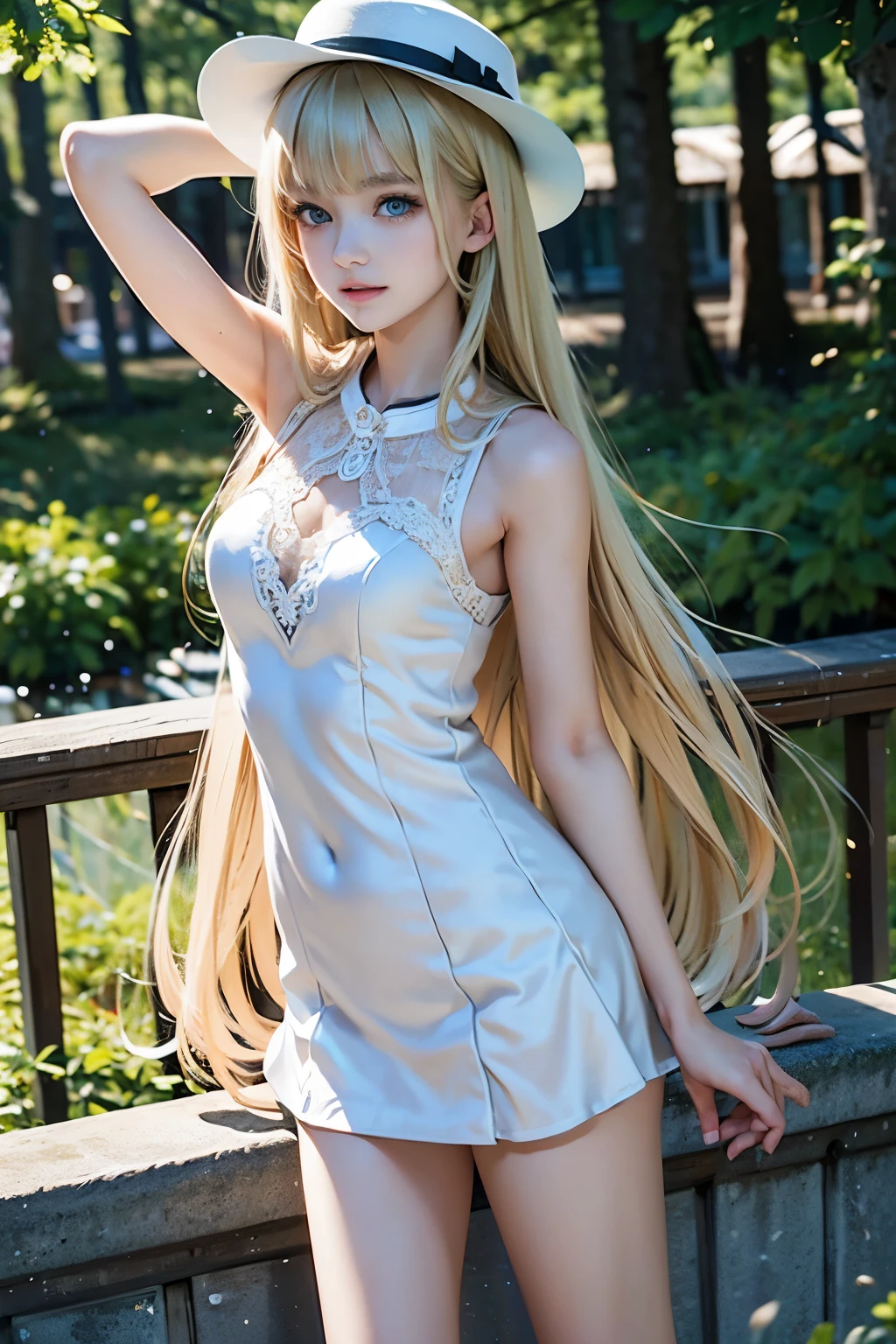masterpiece,Highest quality,Very detailed,beautiful girl, ager, (full body),Blonde,Beautiful and detailed eyes,blue eyes,Beautiful Skin,skinny,Dynamic,White dress,White Hat,Outdoor,Lakeside