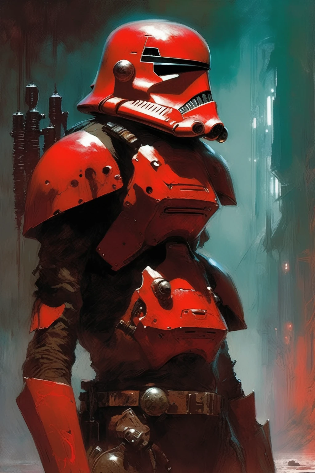 A stormtrooper, concept art, cyberpunk, stranger, fighter, star wars, heavy armor, light weapon, thin waist, large breastplate, frank frazetta style, alone, night, alien ambient, red drawnings on the helmet, red drawnings on the armor