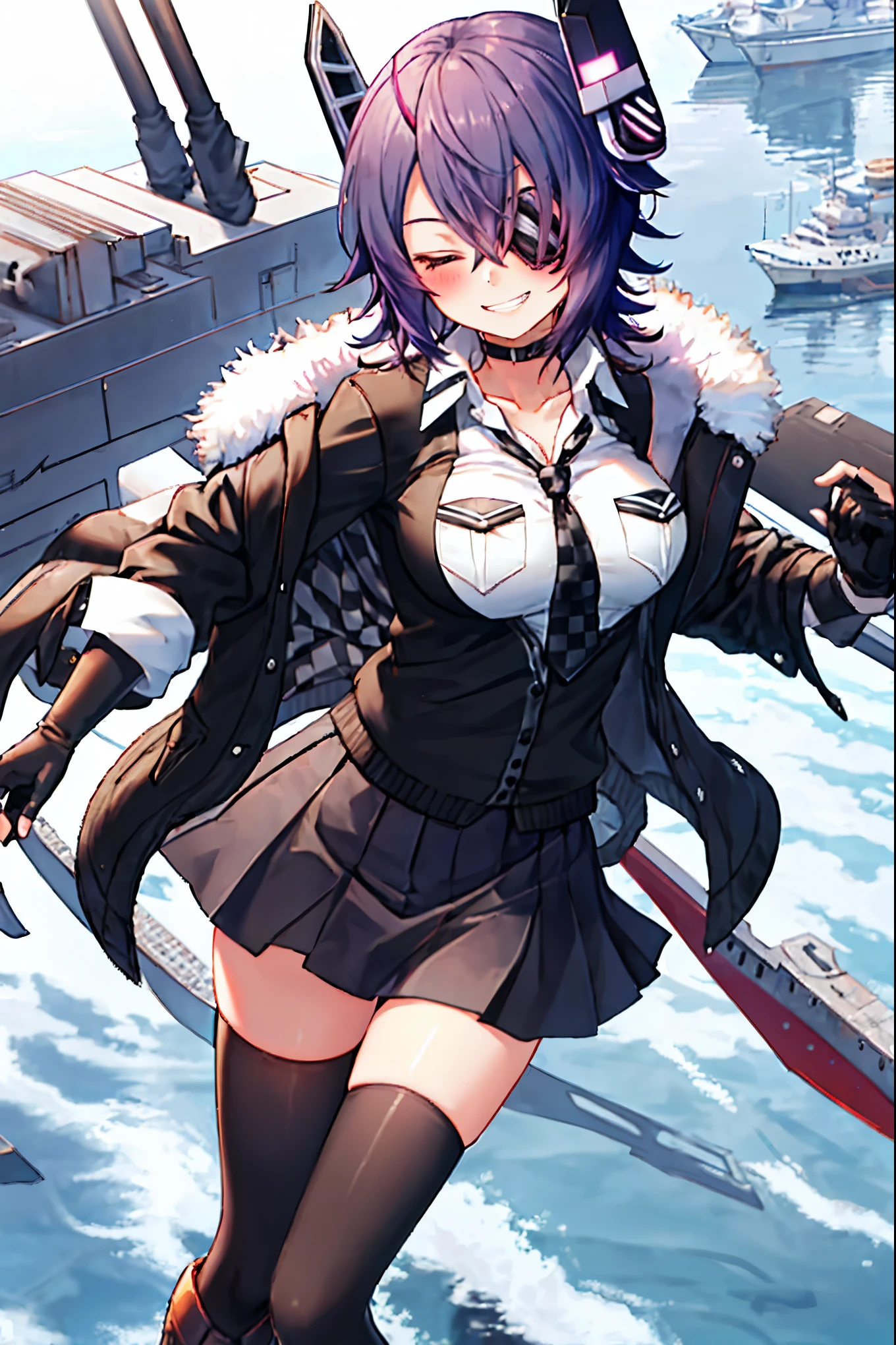 best quality, masterpiece, solo, {tenryuu_kantaicollection:1.15}, teen_girl, eyepatch, short_hair, purple_hair, closed_eyes, headgear, breasts, necktie, large_breasts, smile, 1girl, blush, checkered_necktie, hair_over_one_eye, shirt, collared_shirt, white_shirt, jacket, sleeveless, brown_eyes, fur-trimmed_jacket, fur_trim, collarbone, looking_at_viewer, pocket, breast_pocket, ,, messy_hair, black_gloves, gloves, partially_fingerless_gloves,harbor_road_landscape_background,outdoor,short_skirt,thigh-highs,boots,sunlight,from_below,grin,happy,smile,happiness