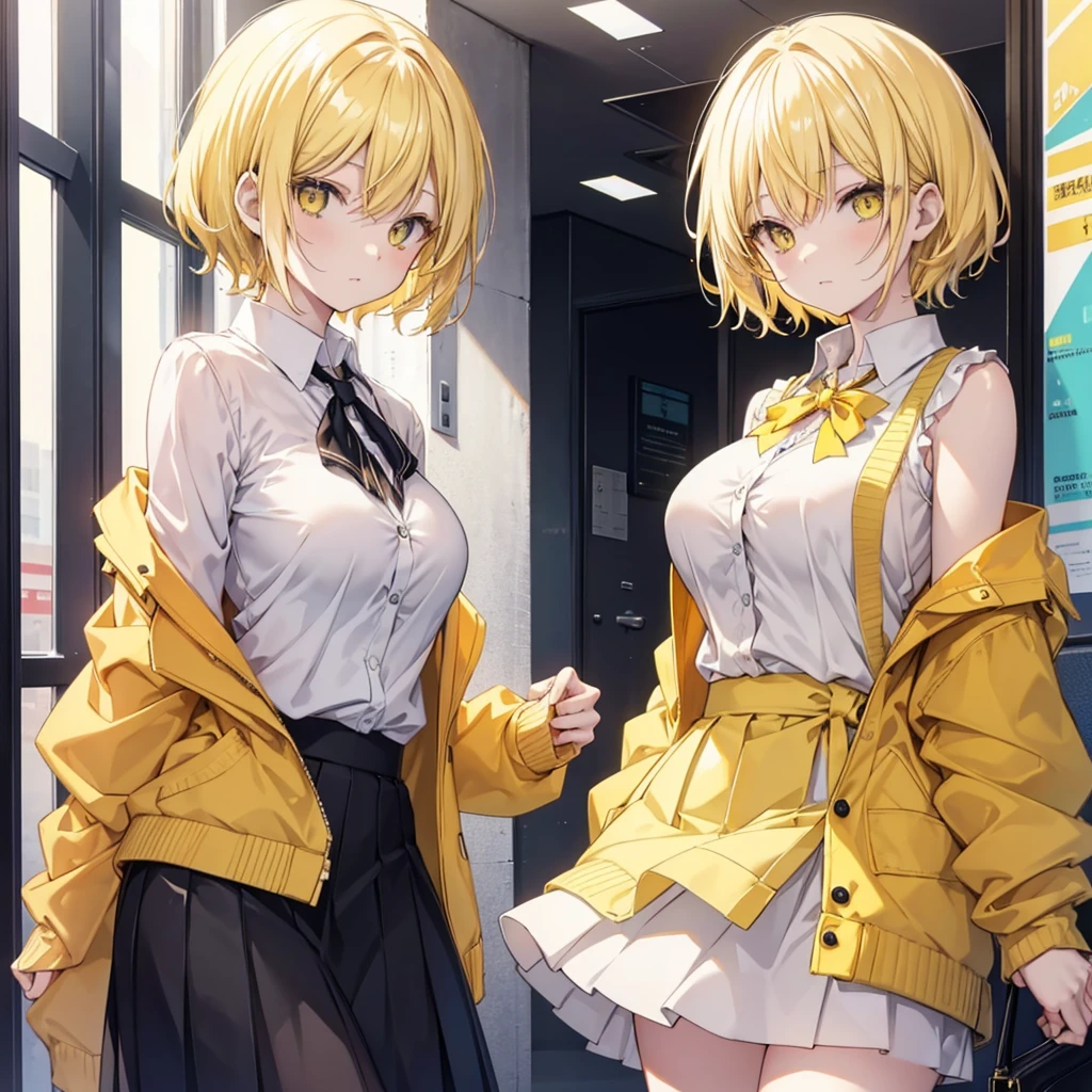 Anime, light yellow short hair, white skin, Wear a skirt,yellow cardigan, light yellow eyes, big breasts