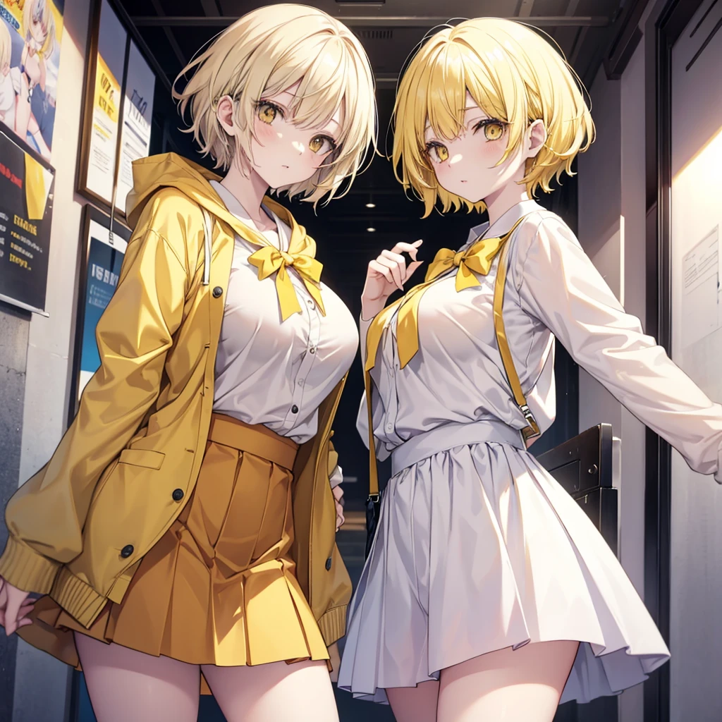 Anime, light yellow short hair, white skin, Wear a skirt,yellow cardigan, light yellow eyes, big breasts