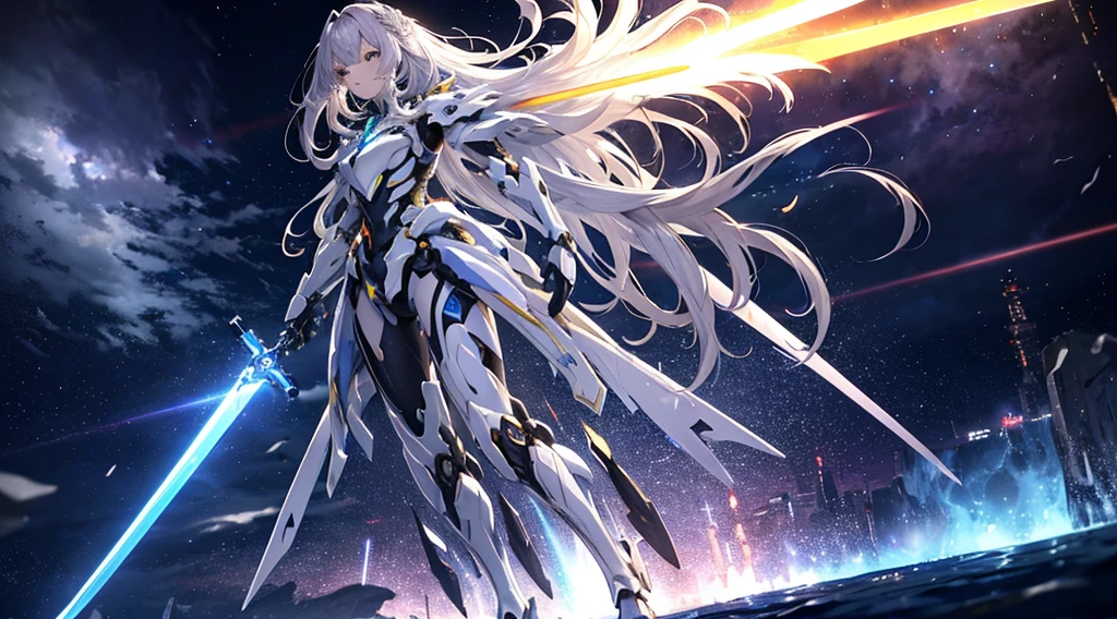 ultra wide shot, full body shot, (masterpiece) , the best quality, High Quality, (Futurism:1.1), (A paladin holding a light infused sword, light magic, divine, Magewave, silver and gold), movie lights, (Exquisite future), Beautiful and beautiful, Ultra detailed, Great composition, floating, Depth of field, (Very detailed CG,Unity 8k Wallpaper), (Beautiful detail background), Beautiful hair details, dramatic lights, GOGETTA, mecha,Bestquality,ultrahighres,photorealistic