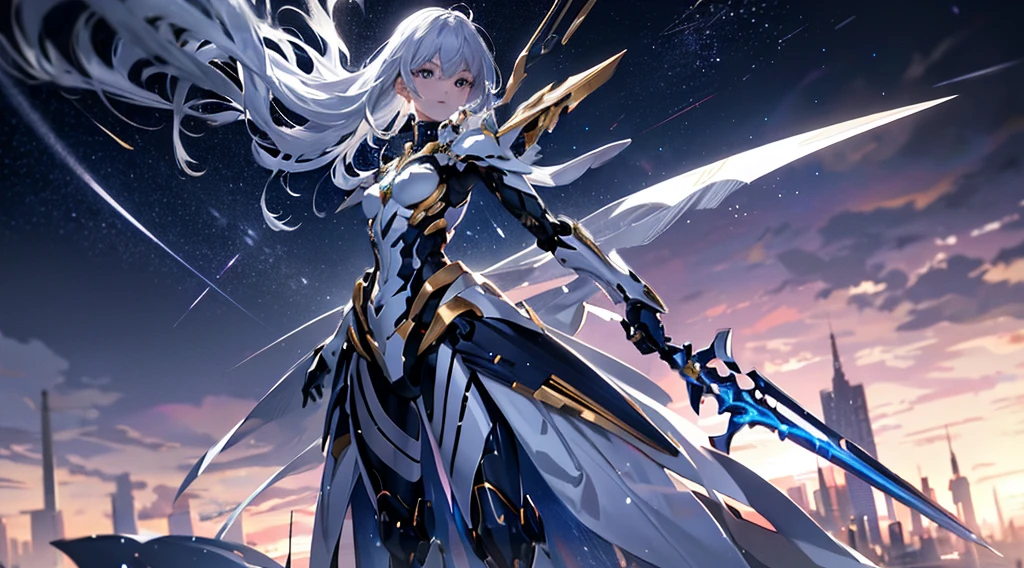 ultra wide shot, full body shot, (masterpiece) , the best quality, High Quality, (Futurism:1.1), (A paladin holding a light infused sword, light magic, divine, Magewave, silver and gold), movie lights, (Exquisite future), Beautiful and beautiful, Ultra detailed, Great composition, floating, Depth of field, (Very detailed CG,Unity 8k Wallpaper), (Beautiful detail background), Beautiful hair details, dramatic lights, GOGETTA, mecha,Bestquality,ultrahighres,photorealistic