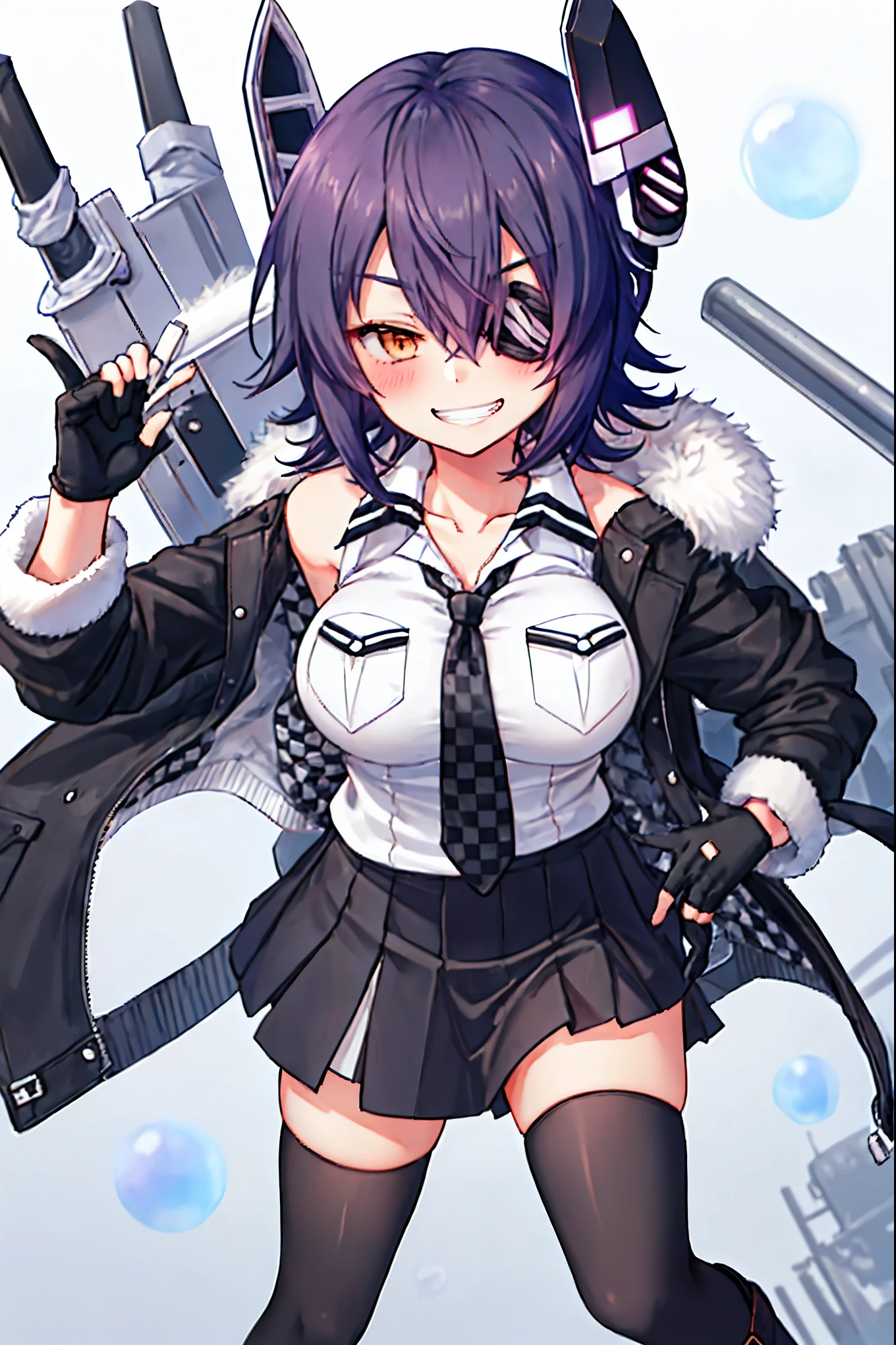 best quality, masterpiece, solo, {tenryuu_kantaicollection:1.15}, teen_girl, eyepatch, short_hair, purple_hair, closed_eyes, headgear, breasts, necktie, large_breasts, smile, 1girl, blush, checkered_necktie, hair_over_one_eye, shirt, collared_shirt, white_shirt, jacket, sleeveless, brown_eyes, fur-trimmed_jacket, fur_trim, collarbone, looking_at_viewer, pocket, breast_pocket, ,, messy_hair, black_gloves, gloves, partially_fingerless_gloves,harbor_road_landscape_background,outdoor,short_skirt,thigh-highs,boots,sunlight,from_below,grin,happy,smile,happiness