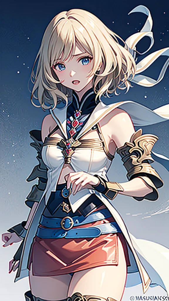 White background,appearance々Facial expressions,cowboy shot,(masutepiece, of the highest quality, Best Quality, Official art, Beautiful and aesthetic:1.2), ighly detailed, Colorful,highest details,Illustrations,Everyday scenery, 1girl in, Solo, (Final Fantasy 12,Ashelia, shorth hair,short-hair ,Ashelia Costume,Red mini skirt, thighs thighs thighs thighs, Knee socks that cover up to the shin,jewely, Blue belt,Number on one of the belts), is standing, gritted teeth, Heavy breathing, move chart,Medieval fantasy
